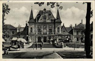 1938 Kassa, Kosice; vasútállomás, Kava Kulik, Magyar Újság, villamos, kerékpár / railway station, tr...
