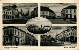 Gyergyószentmiklós, Gheorgheni; Fő téri részletek, üzletek / main square, shops