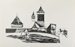 Somogyi Győző (1946-): Erdélyi vár vagy erődtemplom látképe. Szitanyomat, papír. Jelzett. 26,5x41 cm