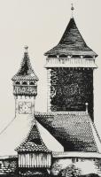 Somogyi Győző (1946-): Erdélyi vár vagy erődtemplom látképe. Szitanyomat, papír. Jelzett. 26,5x41 cm