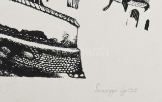 Somogyi Győző (1946-): Erdélyi vár vagy erődtemplom látképe. Szitanyomat, papír. Jelzett. 26,5x41 cm