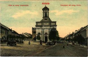1913 Poprád (Magas-Tátra, Vysoké Tatry); Fő tér, üzletek, evangélikus templom, harangtorony / main s...