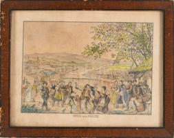 cca 1840 Buda és Pest látképe (Ofen und Pesth), az előtérben mulatozó emberekkel. Színezett rézmetsz...