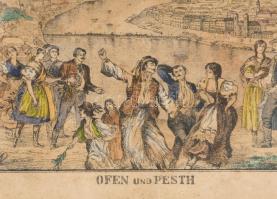 cca 1840 Buda és Pest látképe (Ofen und Pesth), az előtérben mulatozó emberekkel. Színezett rézmetsz...