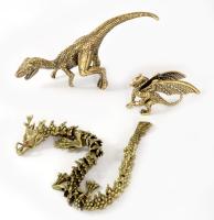3 darab sárkány, dinoszaurusz figura, réz, h: 23 cm alatt