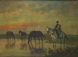 Kolozsváry Endre (1901-?): Itatás. Olaj, vászon, jelzett. Dekoratív, sérült fakeretben, 60×80 cm
