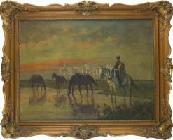 Kolozsváry Endre (1901-?): Itatás. Olaj, vászon, jelzett. Dekoratív, sérült fakeretben, 60×80 cm