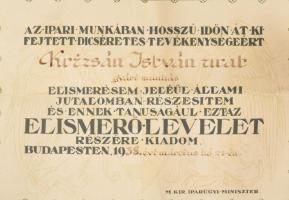 1938 Bp., m. kir. iparügyi miniszter elismerő oklevele, Bornemisza Géza (1895-1983) országgyűlési ké...