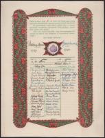 1939 Irredenta iskolai emléklap, dekoratív grafikával (szign. Csete Balázs), aláírásokkal, 35x27 cm