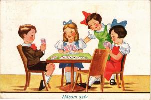 1941 Három szív / Children art postcard, French-suited playing cards (fa)