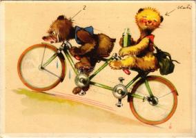 1942 Medvék tandem biciklin / Two teddy bears riding a tandem bicycle. C. Pahl &amp; Co. Nr. 934...
