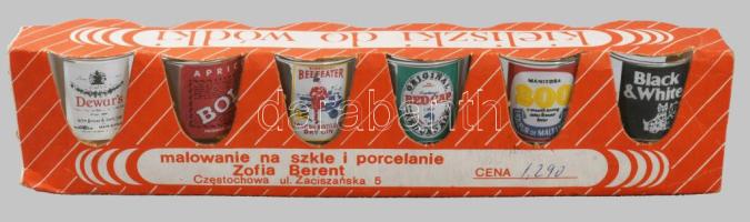 Bontatlan retro felespohár szett, rajtuk korabeli italmárkák reklámjával, h: 26 cm