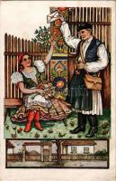 Magyar folklór művészlap, székelykapu / Hungarian folklore art postcard, Transylvanian carved wooden...