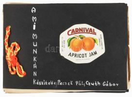 Címkegyűjtemény, retró konzerv-, lekvár- és üdítőcímkék albumlapokra ragasztva, vegyes állapotban
