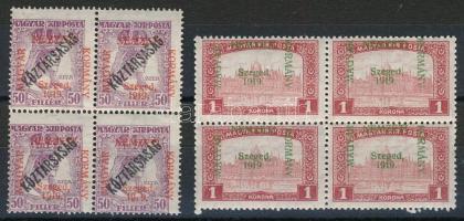 Szeged 1919 Parlament 1K 4-es tömb eltolódott felülnyomással és Köztársaság/Zita 50f 4-es tömb a job...