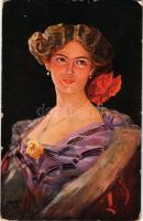 Hölgy művészlap, hátoldalon Wágner hangszer reklám / lady art postcard, with advertisement on the ba...
