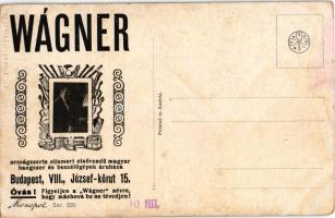 Hölgy művészlap, hátoldalon Wágner hangszer reklám / lady art postcard, with advertisement on the ba...