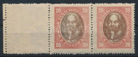 1919 Magyar Tanácsköztársasági arcképek 20f pár bal oldali üres mezővel, álló vízjellel (56.000)