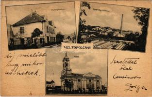 1930 Nagytapolcsány, Topolcany; Mestsky Hostinec, Tovarníky-Cukrovar, Kostol / városi vendéglő, tava...