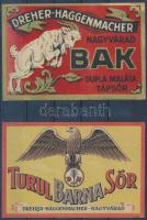 2 db sörcímke: Bak dupla maláta tápsör + Turul barna sör, Dreher-Haggenmacher Nagyvárad (Oradea)