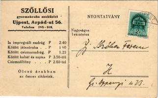 1944 Szőllősi gyermekruha szaküzlet reklámlapja / children's clothes advertisement (non PC)
