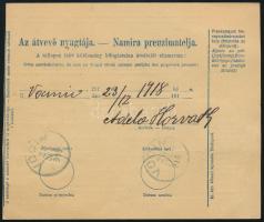 1918 Csomagszállító magyar-horvát vegyes bérmentesítéssel "ZAGREB", Bodor vizsgálójellel
