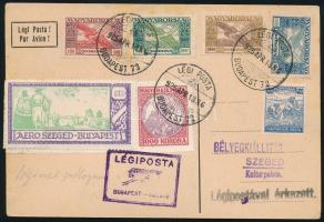 1925 Légi levél + légi levelezőlap a Budapest-Szeged légiposta járatról, különböző színű levélzárókk...