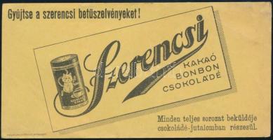 cca 1930 Szerencsi csokoládé reklám, betűszelvények gyűjtésére buzdítva ajándék csokoládéért