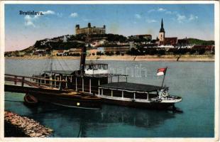 Pozsony, Pressburg, Bratislava; látkép, vár, templom, gőzhajó / view, castle, church, steamship (fl)