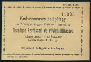 1936 Kedvezményes belépőjegy az Országos kertészeti és virágkiállításra, hátoldalon a kiállítás rajz...