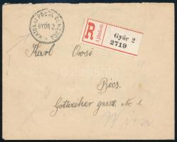 1921 Ajánlott levél Győrből Bécsbe 3 bélyeggel, "KATONAI POSTA CENZÚRA"