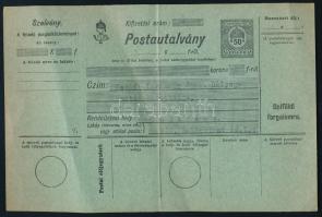 1922 50f postautalvány, kitöltve, használatlan