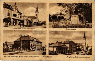 1944 Dombóvár, utca részlet, Református templom, Hősök szobra, Kir. katolikus "Esterházy Miklós...