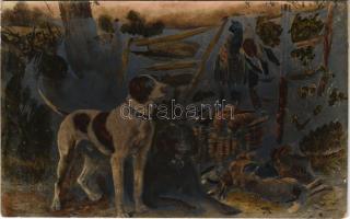 Vadászkutya zsákmánnyal, színezett / hunting dog with prey, coloured. photo