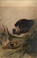 Vadászkutya zsákmánnyal, színezett / hunting dog with prey, coloured. photo (felületi sérülés / surf...