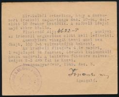 1945 (5. díjszabás) Mosonmagyaróvár helyi levelezőlap 50P készpénzes portóval