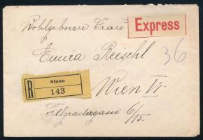 1920 Ajánlott expressz levél a hátoldalon vegyes bérmentesítéssel, "SLANO"