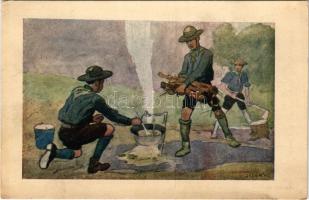 Fő a gulyás. Cserkész művészlap. A Magyar Lapvállalat kiadása, Apostol nyomda / Hungarian boy scout ...