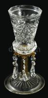 Többelemes üveg váza, bronz szerelékkel, kristály függőkkel, m: 22cm