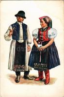Nagylóc, Lóc (Nógrád); Palóc házaspár, magyar folklór művészlap (lyuk / hole)