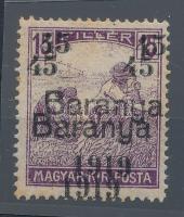 Baranya (I.) 1919 Arató 45f/15f kettős felülnyomattal, ritka! Bodor vizsgálójellel
