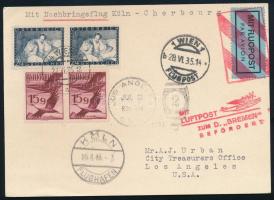 Ausztria 1935 Katapult posta levelezőlap Los Angelesbe, katapulttal a Bremen hajóra Cherbourgba