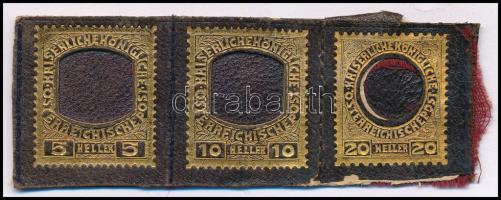Ausztria 1908-as kiadás 5h, 10h, 20h bélyegek keretének arany színű nyomata bőrdarabon
