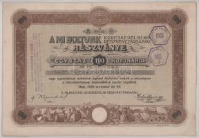 1920. Baja "A Mi Boltunk Kereskedelmi és Részvénytársaság" részvénye 100K-ról, szelvényekk...