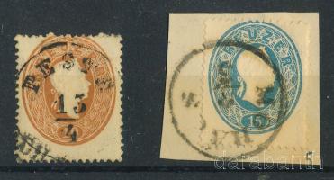 1861 10kr és 15kr bélyeg "PESTH" + "MOHÁCS"