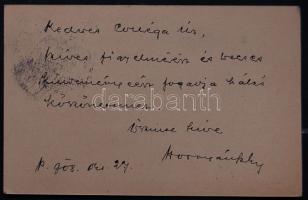 1908 Hornyánszky Viktor nyomdász, könyvkiadó saját kézzel írt levelezőlapja Heller Bernát írónak / A...