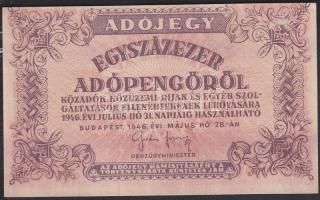 1946. 100.000AP (2x) vízjellel, sorszám nélkül, eltolódott hátlappal, vágási hibával T:I-