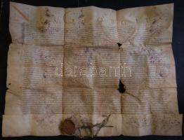 1641 Rákóczi György adománylevele Kraszna városának, melyben megerősítő a Báthory Gábor által adományozott vásártartási jogot. A fejedelem saját kezű aláírásával és sérült függőpecséttel (megviselt állapotban) / Benefaction-letter of Georgius Rakoczi in which he confirms the right of city Kraszna to hold fairs. With autograph signature of the monarch. (damaged) 70x60 cm A tételt A KÖH ideiglenes védelem alá helyezte / Under temporary protection of the Cultural Heritage`s Office