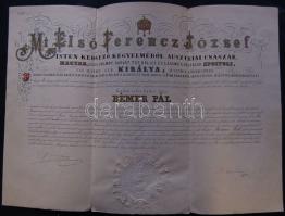 1869 Nagyalakú díszes utolsó kanonoki kinevezés Bémer Pál részére Ferenc József és Báró Eötvös József saját kezű aláírásával és Junák István prépost-kanonok ellenjegyzésével / Preberendal benefaction-letter with autograph Signature of Emperor Franz Joseph and Joseph Eotvos countersigned by the preberend of Oradea 60x40 cm