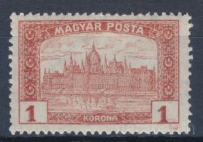 1916 Arató-Parlament 1K elcsúszott értékszámokkal, az egyiknél festékfolttal
